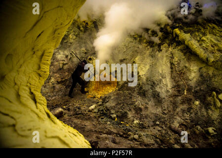 Minatori con piedi di porco in il diavolo miniera di Vulcano Ijen durante miniere di zolfo - Indonesia, Java Foto Stock