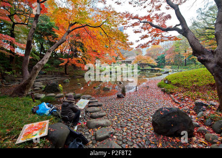 Pittore in Koishikawa Korakuen giardino di disegno in colori autunnali, Bunkyo-ku, Tokyo, Giappone Foto Stock