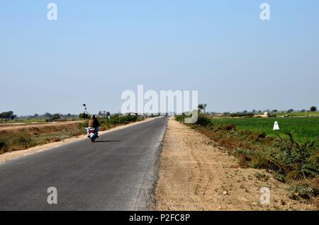 Motociclista sulla strada rurale circondata da verdi campi di fattoria con colture vicino Mirpurkhas Sindh Pakistan Foto Stock