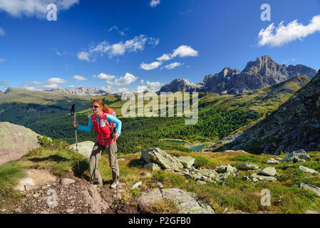 Donna che cammina sul sentiero in alto sopra il lago di Colbricon con pala gamma in background, Trans-Lagorai, Lagorai, Dolomiti, UNESCO W Foto Stock