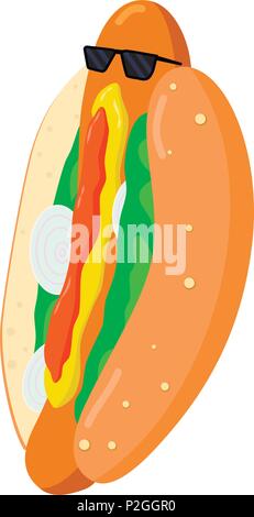 Cool hot dog in occhiali da sole illustrazione vettoriale. Illustrazione Vettoriale