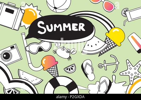 Estate scarabocchi simbolo e icona di oggetti di elementi per il beach party background. Disegnata a mano stile. Utilizzare per le etichette, adesivi, badge, poster, flyer, banner, Illustrazione Vettoriale