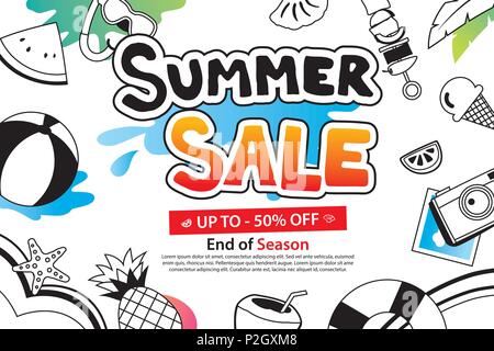 Estate in vendita con Doodle Icona e design su sfondo bianco. Modello per pubblicità in mano stile disegnato. Utilizzare per creare poster, etichette, carta, tag, adesivi, ba Illustrazione Vettoriale