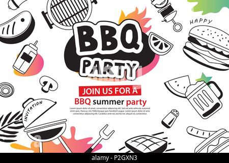 Estate barbecue party in scarabocchi simbolo e icona di oggetti per lo sfondo. Picnic Barbecue invito poster con disegnati a mano stile. Utilizzare per le etichette, adesivi, Illustrazione Vettoriale