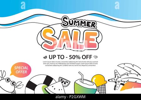 Estate in vendita con Doodle Icona e design su sfondo bianco. Modello per pubblicità in mano stile disegnato. Utilizzare per creare poster, etichette, carta, tag, adesivi, ba Illustrazione Vettoriale