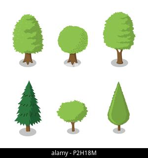 Set di struttura isometrica, set di parco con piante verdi alberi con varie forme - Vettore illustrazione piana. Illustrazione Vettoriale