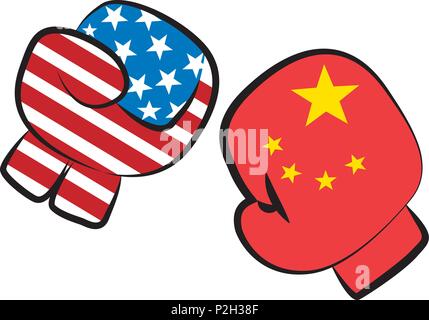Stati Uniti Cina guerra commerciale conflitto illustrato da un incontro di pugilato con USA e Cina bandiere in guantoni da pugilato combattersi, isolato su bianco Illustrazione Vettoriale