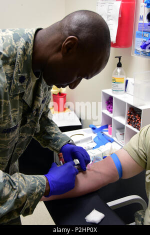 Air National Guard Lt. Col. Kendall Segatori, infermiera clinica per la 118a Medical Group, preleva un campione di sangue da un aviatore il 7 settembre 17, 2016 a Nashville, Tennessee I campioni di sangue sarà inviato a Air Force laboratori e testati per HIV. (U.S. Air National Guard foto di Airman 1. Classe Anthony G. Agosti) Foto Stock