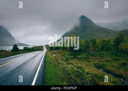 Strada panoramica lungo la costa della Norvegia in una piovosa e nebbioso giorno Foto Stock