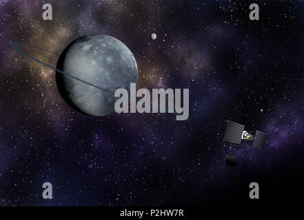 Astronave interstellare battenti alla vibrante spazio esterno con stelle, nebulosa e pianeti. Foto Stock