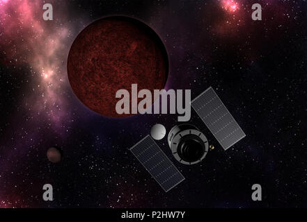 Astronave interstellare battenti alla vibrante spazio esterno con stelle, nebulosa e pianeti. Foto Stock