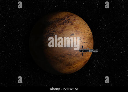 Astronave interstellare battenti vicino sconosciuto pianeta marrone nello spazio esterno con stelle e nebulose. Foto Stock