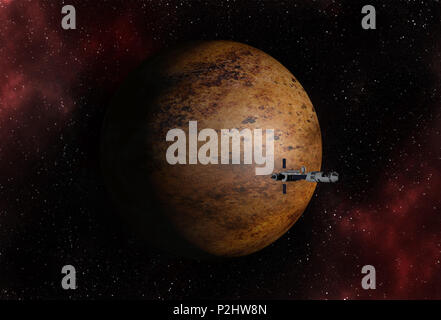 Astronave interstellare battenti vicino sconosciuto pianeta marrone nello spazio esterno con stelle e nebulose. Foto Stock