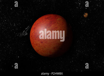 Astronave interstellare battenti a sconosciuto pianeta rosso nello spazio esterno con stelle e nebulose. Esplorazione dello spazio. Foto Stock