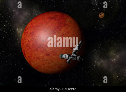 Astronave interstellare battenti a sconosciuto pianeta rosso nello spazio esterno con stelle e nebulose. Esplorazione dello spazio. Foto Stock