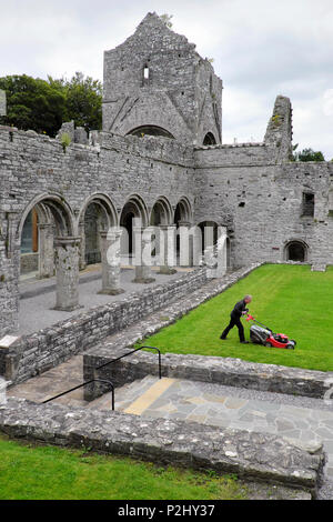 Un uomo anziano bidello / / custode mows il prato, Abbazia di Boyle, Sycamore Crescent, Boyle, nella contea di Roscommon, Irlanda Foto Stock