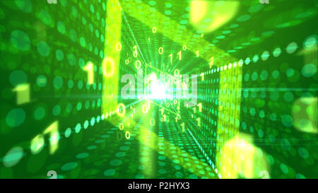 Un felice 3d illustrazione di ilarità golden zeri e uni passando attraverso un portale romboidale in luce sfondo verde con linee discontinue di sociale Foto Stock