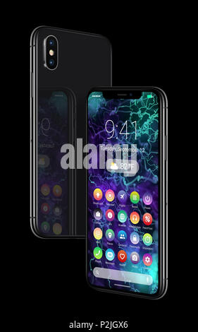 Passando agli smartphone di colore nero con design di materiale piatto interfaccia UI. Android concept phone. Foto Stock