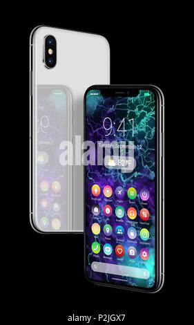 Passando agli smartphone di bianco con design di materiale piatto interfaccia UI. Android concept phone. Foto Stock