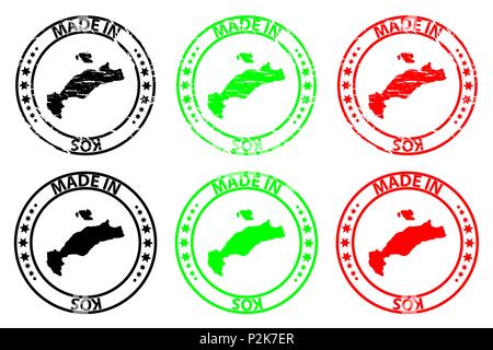 Fatto a Kos - timbro di gomma - vettore, Kos(COS) Mappa del modello - nero, verde e rosso Illustrazione Vettoriale