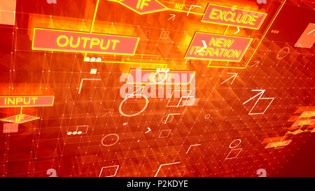 Un meraviglioso 3d rendering di algoritmi moderno situato di traverso su diverse superfici viola piena di golden figure, segni, piazze, macchie, Manche, frecce, Foto Stock