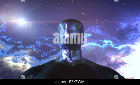 Un sci-fi 3d illustrazione di un biorobot uomo senza occhi e naso ma con metallica radiante viso e corpo. Piccoli asteroidi volare dietro le spalle in Foto Stock