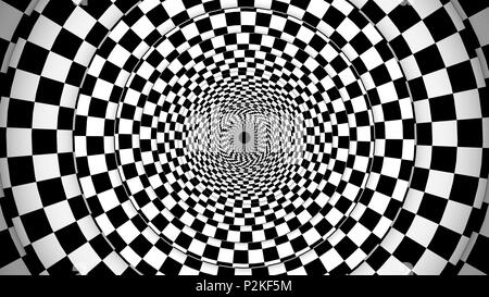 Un arte ottica 3d illustrazione di un illusione simmetrica formata da riquadri bianchi e neri compiendo un enorme tunnel da scacchiere creando la mistica di un Foto Stock