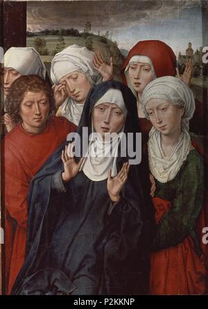 "Le donne sante e San Giovanni", ca. 1492-1494, olio su pannello, 53,8 x 38,3 cm (Granada dittico, ala destra). Autore: Hans Memling (c. 1433-1494). Posizione: CATEDRAL-capilla real-interno, Granada, Spagna. Noto anche come: LAS SANTAS MUJERES. Foto Stock