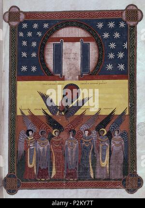 COMENTARIOS AL APOCALIPSIS F 213, SIETE LOS ANGELES CON LAS COPAS Y EL TEMPLO. Autore: Beato di Liébana (c. 730-c. 798). Posizione: Biblioteca Nacional-COLECCION, MADRID, Spagna. Foto Stock