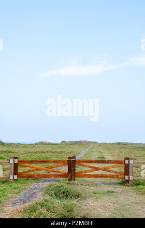 Fattoria di legno gate e recinto sul terreno aperto. Chiuso ingresso, chiusa, che si affaccia su terra battuta, cielo blu, campagna, Hualien County, Taiwan Foto Stock