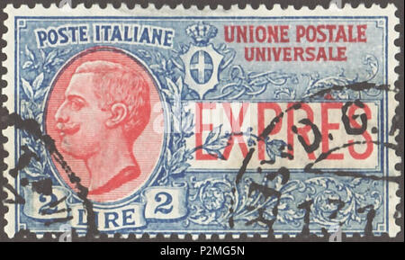 . Timbro del Regno d'Italia; 1925; esprimere il timbro del problema 'Il Re Vittorio Emanuele III - EII (= Tipo Leoni)" nel disegno dal 1908 con il nuovo valore nominale; incorniciato il disegno con un'effigie del re Vittorio Emanuele III d'Italia in piedi ovale (sinistra) e l'iscrizione "EXPRÈS' in caratteri maiuscoli (destra zona centrale), ma ora in bicolore con iscrizioni rosso; l'effigie del re nel lato verticale con vista di sinistra; con timbro postale timbro: Michel: No. 213; & Yvert Tellier: No. E13; Scott: No. E7 Colore: azzurro / rosso filigrana: Italia n. 1 (crown) Valore nominale: 2 Lire (?) affrancatura validi Foto Stock