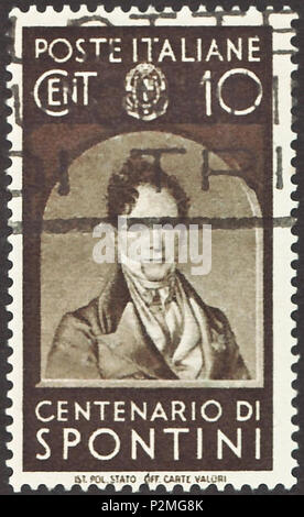 . Timbro del Regno d'Italia; 1937; francobollo commemorativo del problema 'famoso popolo italiano"; disegno di Gaspare Spontini in semi-ovale; con timbro postale timbro: Michel: No. 591; & Yvert Tellier: No. 406; Scott: No. 387 Colore: seppia al marrone filigrana: Italia n. 1 (crown) Valore nominale: 10 Cent. (Centesimi) affrancatura validità: dal 25 ottobre 1937 fino al 30 settembre 1938 Timbro dimensioni immagine (area stampata senza sotto nomi linea): 20,5 x 37,9 mm . Il 25 ottobre 1937 (primo giorno di emissione del francobollo). Poste del Regno d'Italia (Post del governo dell'Italia) 42 ITA 1937 MiNr0591 pm B002 Foto Stock