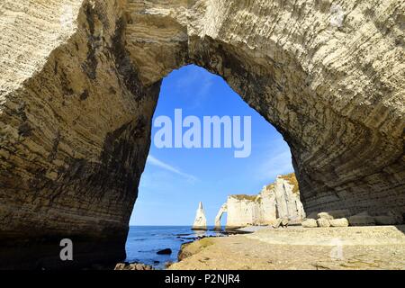 Francia, Seine Maritime, Pays de caux, Cote d'Alabastro (costa di alabastro), Etretat, l'Aval cliff, l'arco e la Aiguille (ago) d'Aval attraverso la scogliera Manneporte Foto Stock