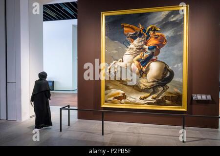 Emirati Arabi Uniti, Abu Dhabi, Saadiyat island, il Louvre Abu Dhabi è il primo museo universale nel mondo arabo progettato e costruito dall'architetto francese Jean Nouvel, pittura francese dal pittore neoclassico Jacques-Louis David in rappresentanza di Napoleone Bonaparte che attraversano le Alpi nel Maggio 20, 1800 (1803) Foto Stock