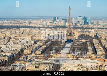 Francia, Parigi, zona elencata come patrimonio mondiale dall' UNESCO, gli Champs de Mars, La Defense e la Torre Eiffel, nevicate su 07/02/2018 Foto Stock