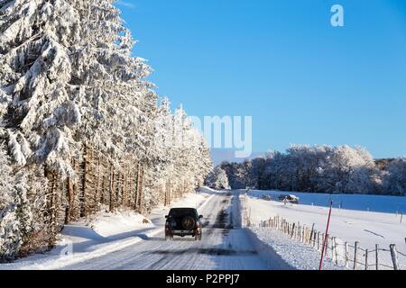 Francia, Aveyron, Aubrac Parco Naturale Regionale, Monts d'Aubrac, auto sulla strada innevata D15 tra Aubrac e Laguiole Foto Stock