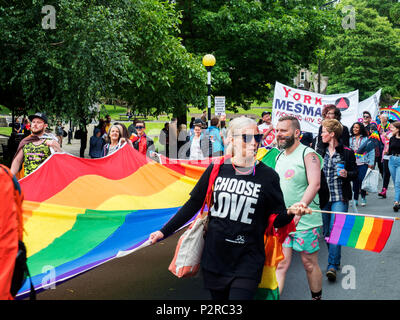 Harrogate, Yorkshire. Xvi Jun, 2018. Regno Unito Yorkshire Harrogate dimostranti che trasportano un banner di orgoglio nell'orgoglio nella diversità Parade 16 giugno 2018 Credit: Mark Sunderland/Alamy Live News Foto Stock