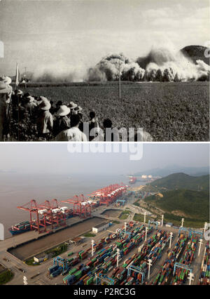 (180616) -- NINGBO, Giugno 16, 2018 (Xinhua) -- Combo foto mostra il sito di costruzione (superiore) della porta Beilun nel maggio del 1978 e una veduta aerea di un contenitore dock Chuanshan nella zona portuale di Ningbo Port Zhoushan in Cina orientale della provincia di Zhejiang, 13 giugno 2018. Trasformata da un villaggio di pescatori, Beilun sta diventando un costiere area urbana con la porta dell'industria. Ningbo lo Sviluppo Economico e Tecnologico della Zona di Ningbo, zona di libero commercio, Ningbo Daxie per lo sviluppo della zona, Ningbo Export Processing Zone e Ningbo Meishan area saldata si trovano in Beilun. Il cargo throughput di Ningbo Port Zhoushan, con essere Foto Stock