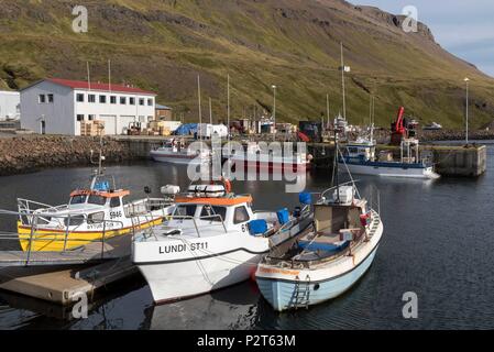 L'Islanda, a ovest di fiordi, Arneshreppur, Nordurfjordur, pesca barche nel porto Foto Stock
