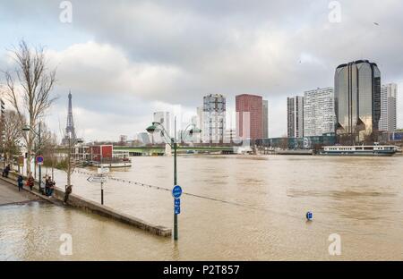 Francia, Parigi, le rive della Senna, Senna alluvione in gennaio 2018 a 5,85m, l'allagato express bank, gli edifici del Front de Seine e la Torre Eiffel Foto Stock