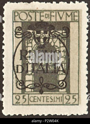 . Timbro del Fiume; 1924; timbro definitivo dopo l annessione di Fiume (Rijeka) al Regno d'Italia nel mese di febbraio 1924; timbro del Fiume dal 1923 con sovrastampa; disegno del 'arco romano' del Fiume; la sovrastampa del tipo 'REGNO / D' ITALIA" (= "Regno di Italia") nel cerchio decorato con stemma del Regno d'Italia; mint timbro timbro: Michel n. 186 (= n. 179 dal 1923 con sovrastampa) Colore: grigio scuro su opaco giallo grigiastro underpress con sovrastampa del nero filigrana: nessuno valore nominale: 25 centesimi spedizione validità: dal 22 febbraio 1924 fino a 1924 (questo francobollo era valida solo per il pos Foto Stock
