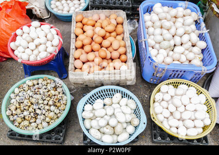 Vari tipi di uova la vendita nel mercato di mattina. Foto Stock