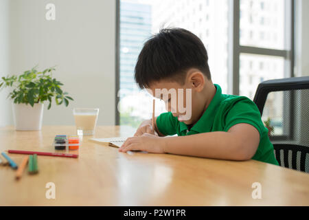 Carino il ragazzo sorridente facendo i compiti, pagine da colorare, Scrittura e pittura . I bambini la vernice. Bambini disegnare. Preschooler con libri in biblioteca. Penna colorati Foto Stock