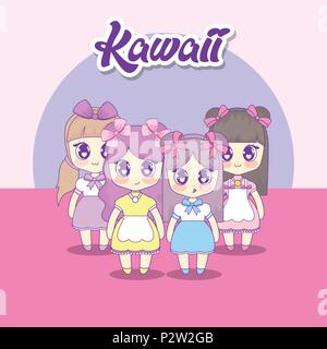 Gruppo di cute ragazze kawaii caratteri illustrazione vettoriale design Illustrazione Vettoriale