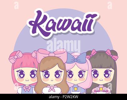 Gruppo di cute ragazze kawaii caratteri illustrazione vettoriale design Illustrazione Vettoriale