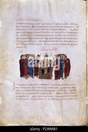 Episodio della cronica MATRITENSIS- folio 12V- HISTORIA DE LOS EMPERADORES BIZANTINOS desde el año 811 al 1057. Autore: John Skylitzes (XI sec.). Posizione: Biblioteca Nacional-COLECCION, MADRID, Spagna. Foto Stock