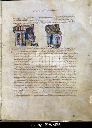 Episodio della cronica MATRITENSIS-SENTENCIA FOL 106- HISTORIA DE LOS EMPERADORES BIZANTINOS desde el año 811 al 1057. Autore: John Skylitzes (XI sec.). Posizione: Biblioteca Nacional-COLECCION, MADRID, Spagna. Foto Stock