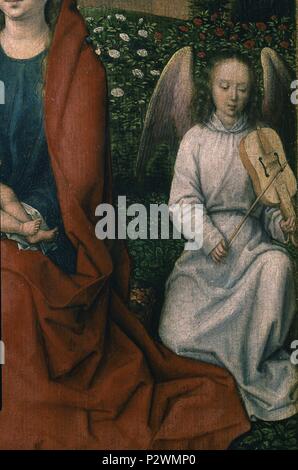 "La Vergine e il Bambino tra due angeli', 1480-1490, scuola fiamminga, olio su pannello, P02543. Autore: Hans Memling (c. 1433-1494). Posizione: Il MUSEO DEL PRADO-PINTURA, MADRID, Spagna. Foto Stock