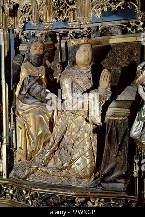 Giovanni II guidato da apostolo Giacomo. Xv secolo. Periodo tardo gotico. Burgos, Certosa di Miraflores. Autore: Gil de Siloé (c. 1440-1501). Posizione: Cartuja de Miraflores, BURGOS, Spagna. Foto Stock