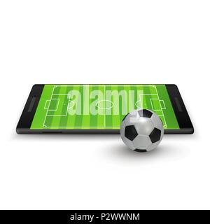 Sport scommesse online. Soccer onlite. Orizzontale del telefono mobile con il calcio pallone da calcio e un campo sullo schermo. Illustrazione di vettore isolato su bianco Illustrazione Vettoriale